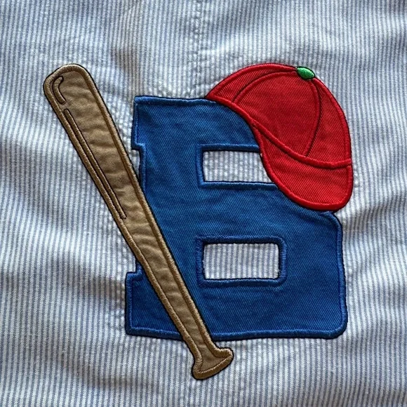 Samara 3T Vintage blue and white Striped Jon-Jon with Baseball/B applique - Picture 2 of 14